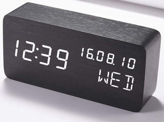 JAP Clocks AC149 digitale wekker - Houten alarmklok - Datum dag en tijd -  Zwart | bol.com