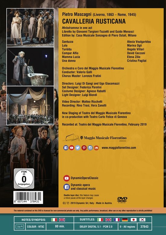 DVD-hoes van Cavalleria Rusticana met de cast in klederdracht, sopraan links in de foreground.