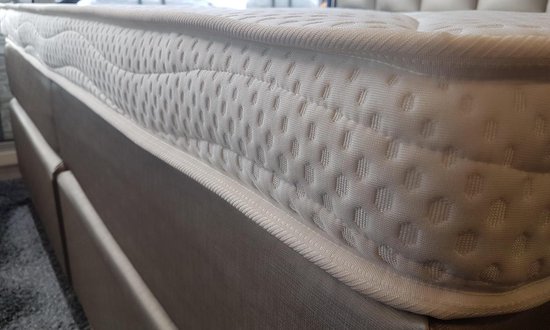 Wit matras met stippenpatroon op de zijwand, bovenop een grijze boxspring.