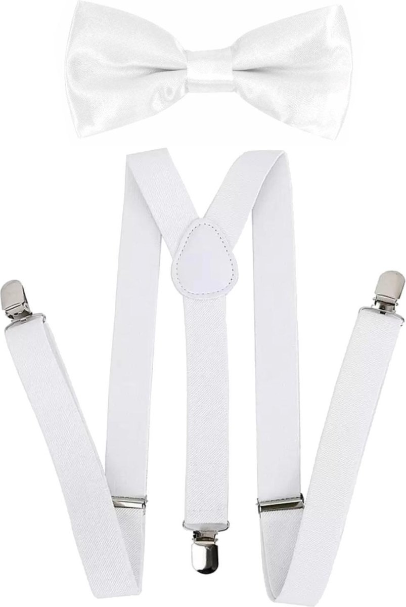 Fako Fashion® - Bretels Met Vlinderstrik - Vlinderdas - Strik - Effen - 100cm - Wit