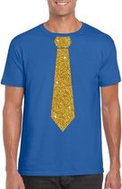 Blauw fun t-shirt met stropdas in glitter goud heren L