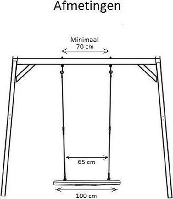 Afmetingen van een schommel met afmetingen 65cm breed en 100cm lang, 70cm minimaal.
