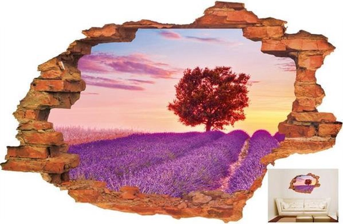 Decoratieve Muursticker - Gat in muur - Paarse weide - Wanddecoratie sticker
