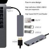 5 in 1 Aluminium Type C Hub Converter - 1x HDMI / 2x USB 3.0 / 1x SD TF Cardreader - Macbook Pro / Surface Book / Dell XPS / Asus Zenbook / MSI / Lenovo Yoga / HP Spectre / Samsung S9 / Plus 