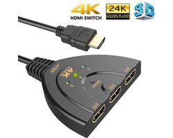 HDMI Switch - Splitter 3 in naar 1 uit - 3 in 1 - 4K resolutie - Indicatie LED + Pigtail - Zwart - Adge®