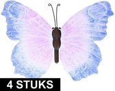 4x Blauw/lila metalen vlinders 40 cm tuinversiering - Schuttingdecoratie/tuindecoratie vlinders