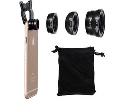 3 in 1 Zwarte universele lens clip met 3 opzetstukken - Fish eye lens - 0,67x wide lens - macro lens - passend op elke smartphone en met handig opberg zakje!