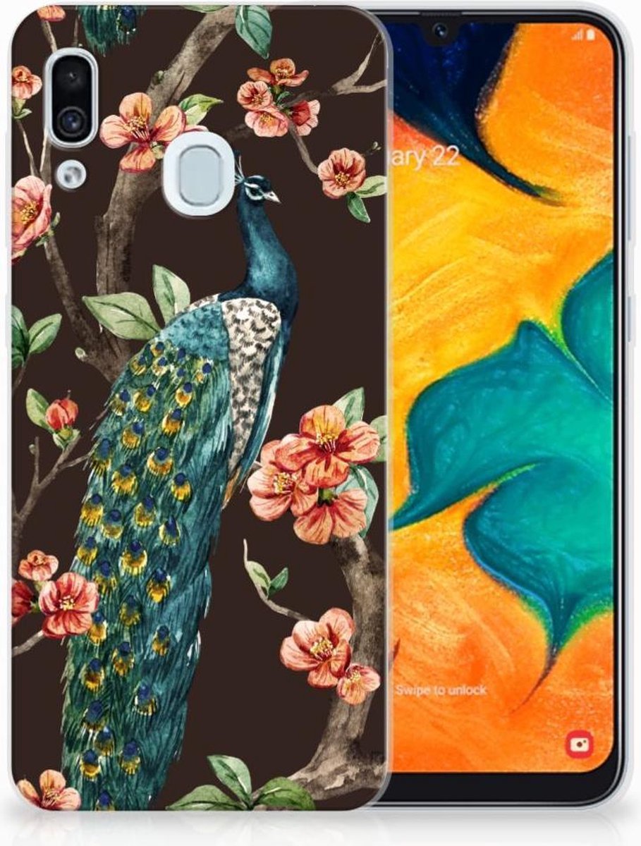Samsung Galaxy A30 TPU Hoesje Pauw met Bloemen