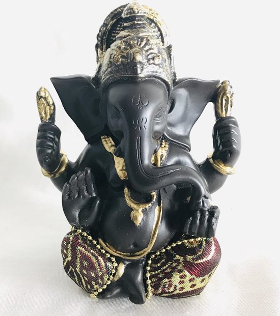 Ganesh of Ganapati Tantra Ganesha-GB1#- Boeddha-Zwart Kunststof, met mix stof en old look accenten ,10x12x5.5cm