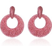 Oorbellen Met Glitters - Rond - Oorhangers 4x4 cm - Licht Roze