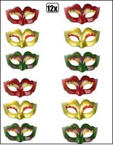 12x Midi Decoratie oogmasker rood/geel/groen met glitters - carnaval thema feest fun party