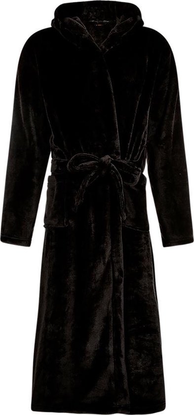 Badjas fleece - zwarte badjas met capuchon - flanel fleece badjas unisex - maat L/XL