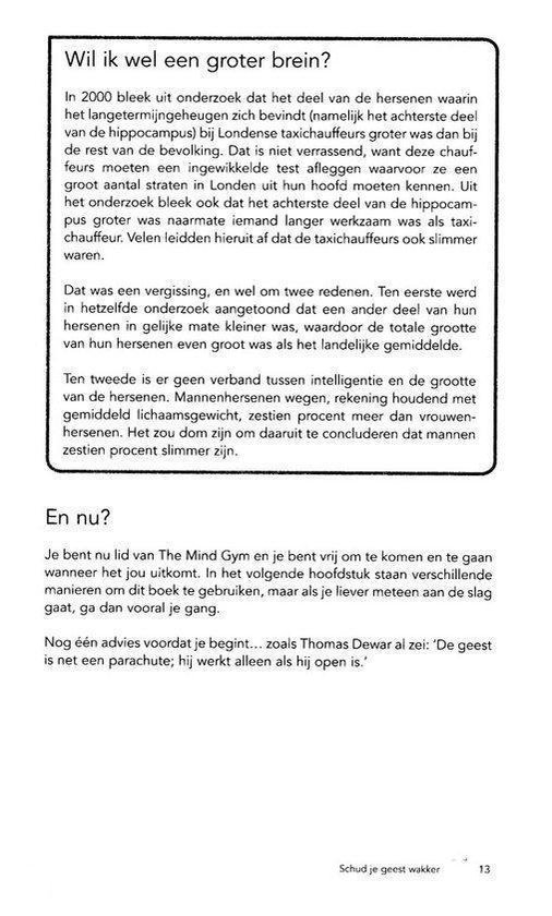 Pagina met tekst over de relatie tussen hersengrootte en intelligentie, en de 'Mind Gym'.