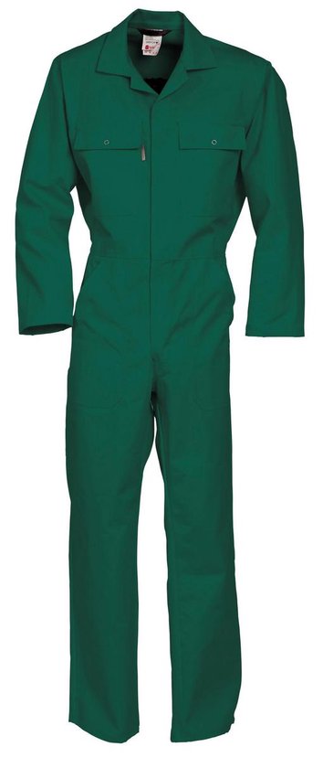 Groene werk overall met lange mouwen, twee borstzakken met klep en drukknoop, en steekzakken.