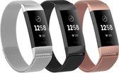 Gymston® Milanese bandjes - Fitbit Charge 3 - 3-pack - Zilver - Zwart - Rose Gold - Small