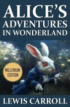 De kaft van 'Alice's Adventures in Wonderland' door Lewis Carroll, met een witte konijn in een blauw jasje.