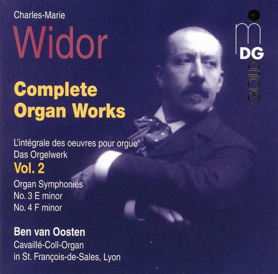 Cd-hoes Widor Complete Organ Works Vol. 2 met portret van Charles-Marie Widor in donkerpaarse setting.