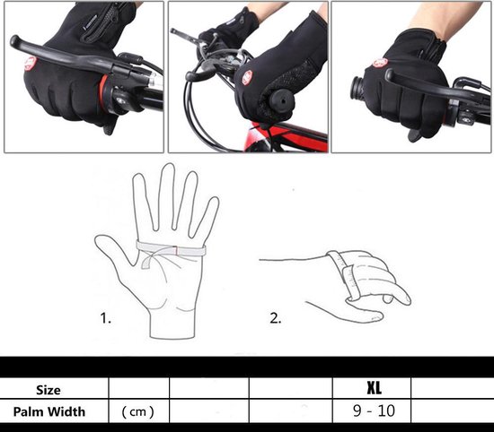 Zwarte handschoenen gedragen op een fietsstuur, met demonstratie van de pasvormmeting.