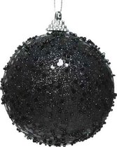 1x Zwarte glitter/glimmer kerstballen 8 cm kunststof - Onbreekbare kerstballen - Kerstboomversiering zwart
