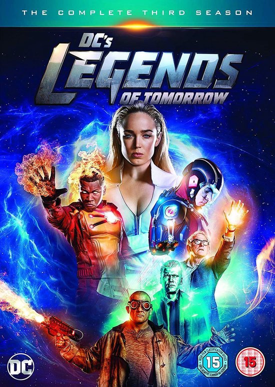 DVD-hoes van DC's Legends of Tomorrow: The Complete Third Season met de belangrijkste personages op een blauw kosmische achtergrond.