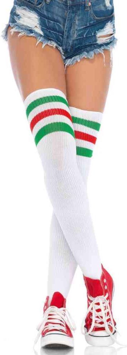 Athlete hoge knie sokken met strepen wit/groen/rood - One size - Leg Avenue