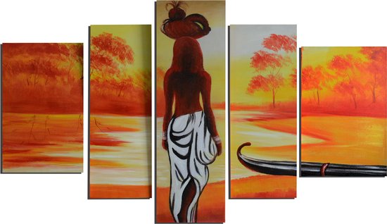 Schilderij Afrikaanse vrouw 5 luik 170 x 100 Artello - handgeschilderd schilderij met signatuur - schilderijen woonkamer - wanddecoratie - 700+ collectie Artello schilderijenkunst