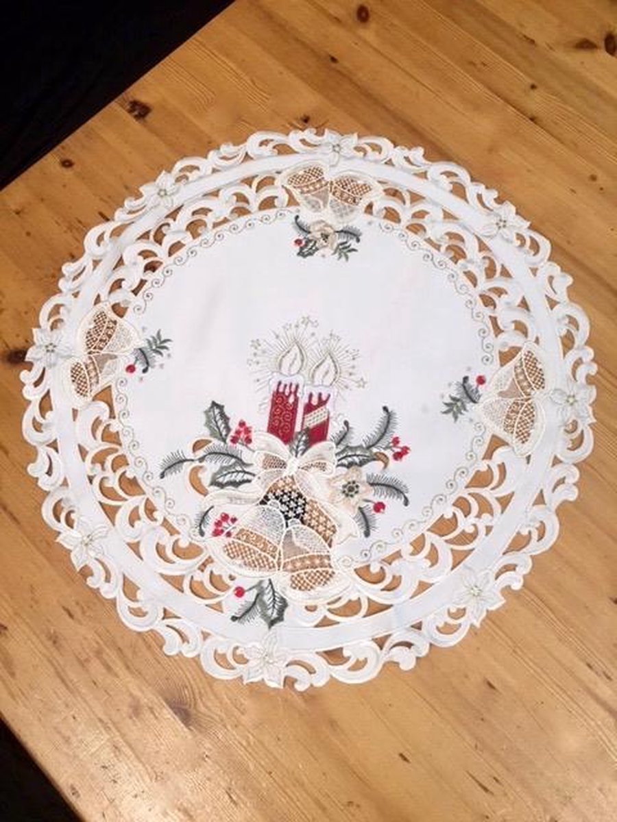 Kerstkleed - Creme met rode kaarsen en bel- Rond 60 cm