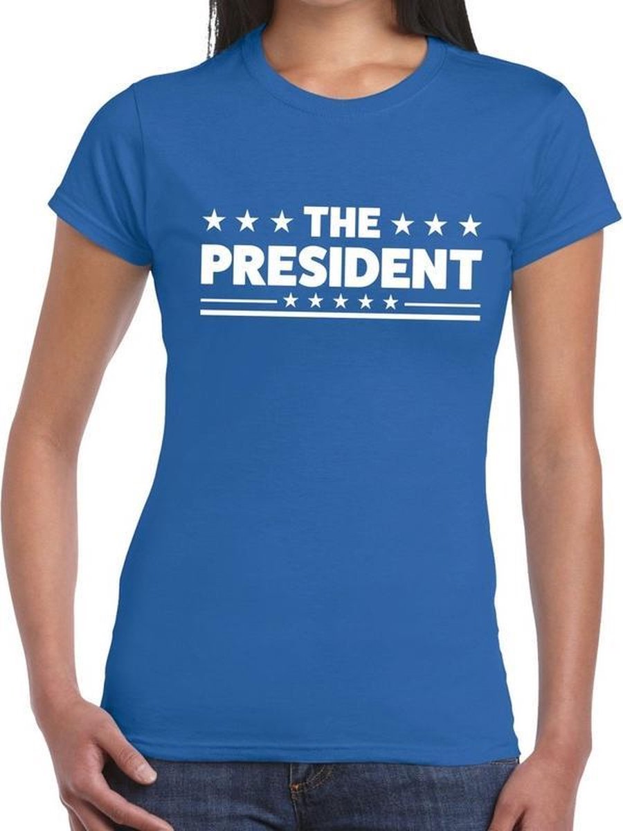 Afbeelding van product Bellatio Decorations  The President tekst t-shirt blauw dames - dames shirt The President S  - maat S