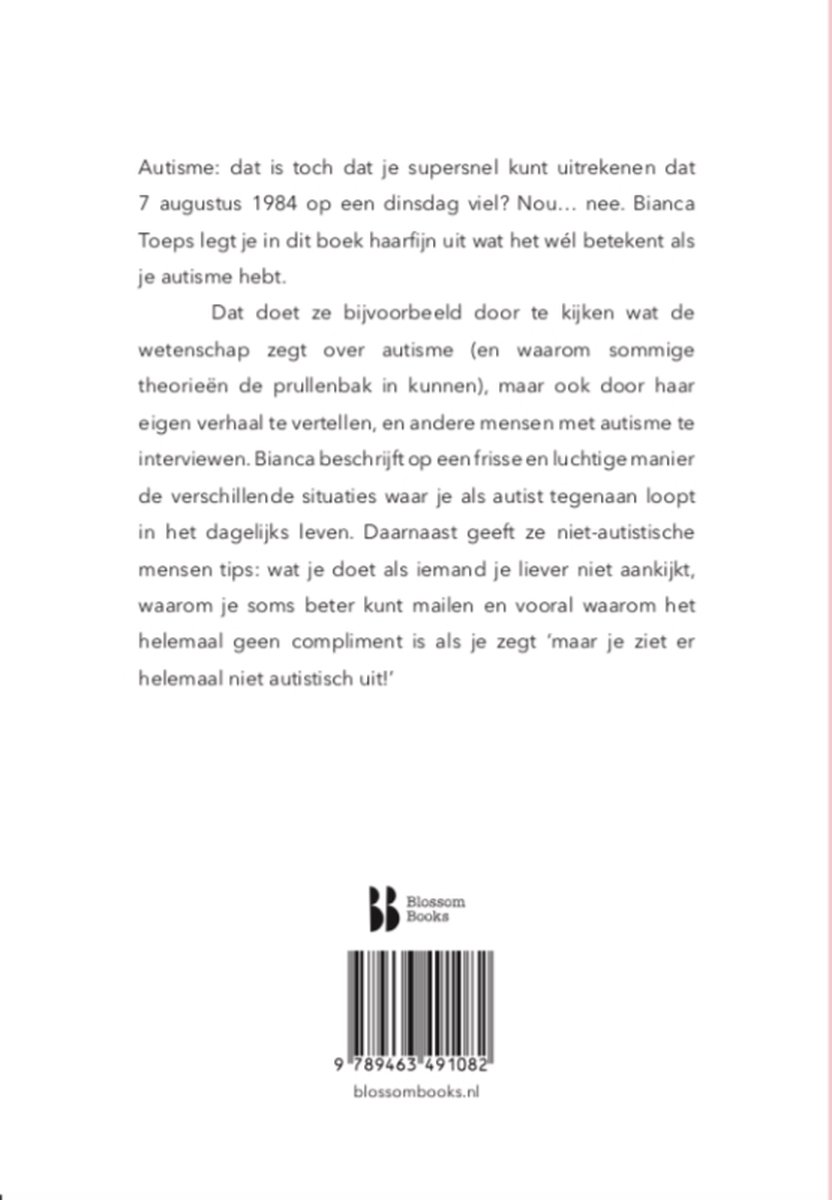Achterkant van het boek 'Maar je ziet er helemaal niet autistisch uit' met tekst over autisme en een streepjescode.