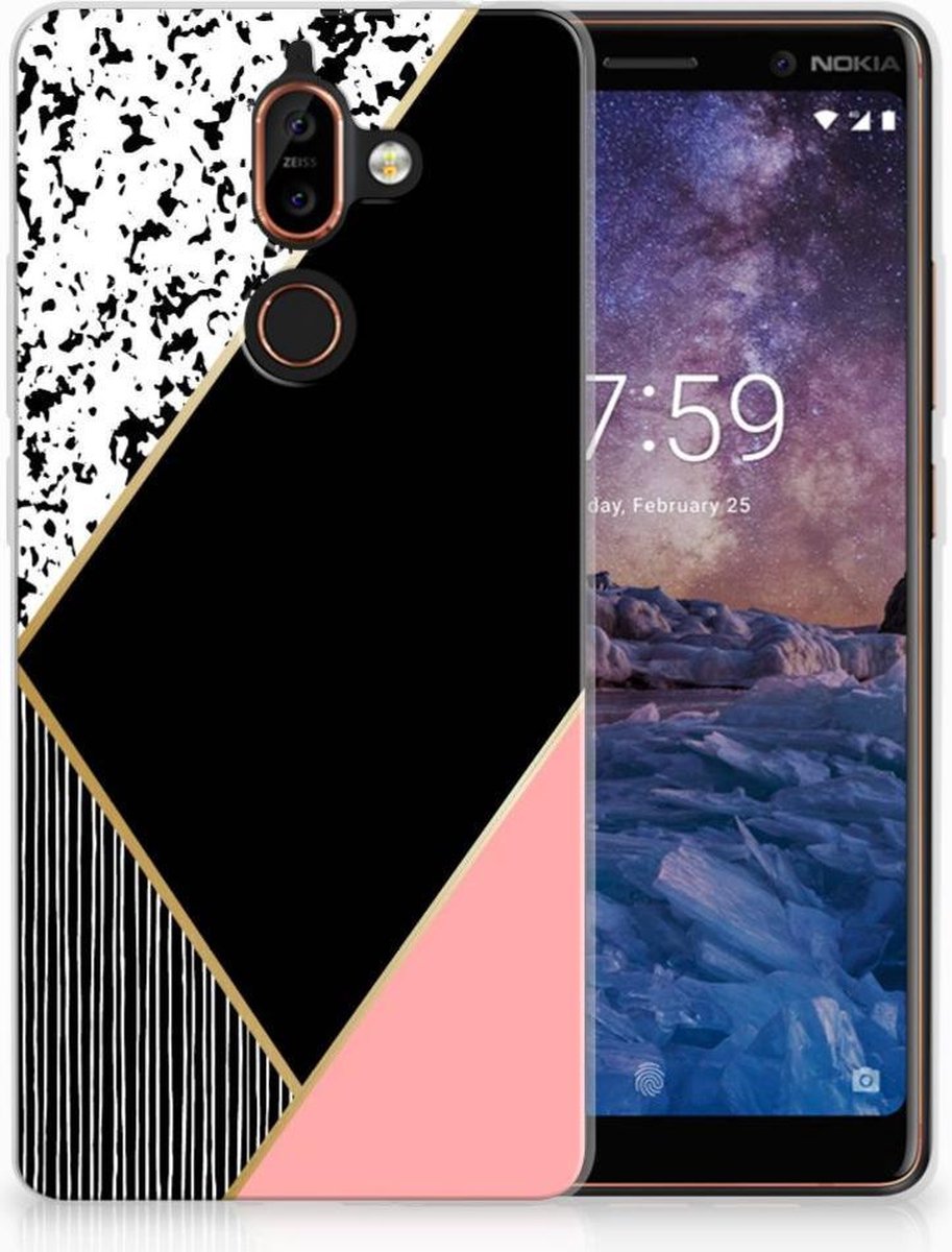 Nokia 7 Plus TPU Hoesje Zwart Roze Vormen