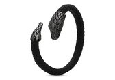SILK Jewellery - Zilveren Armband / Bangle Slang - Fierce - S25.L - zwart leer rhodium - Maat  L
