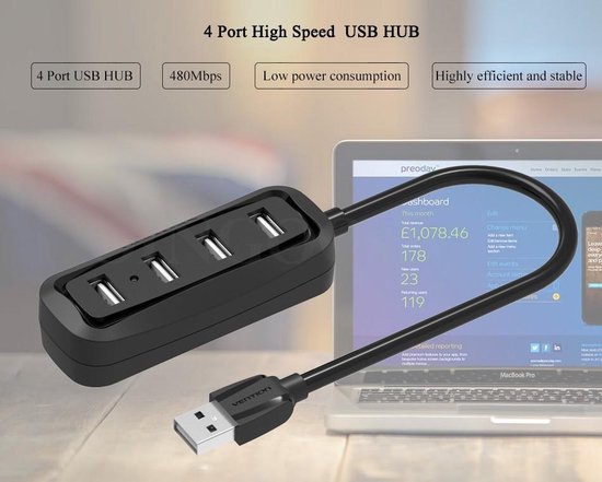 USB 2.0 Hub 4 poorten USB Splitter OTG Adapter - 15cm kabel - Zwart - Vention