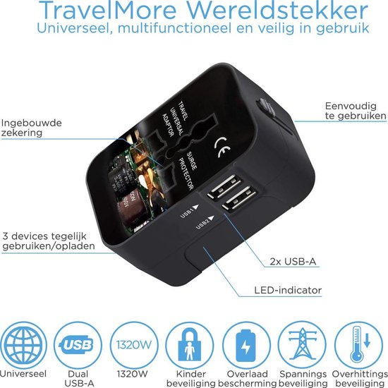 detectie is genoeg teleurstellen TravelMore Universele Wereldstekker met 2 USB Poorten – Zwart | bol.com