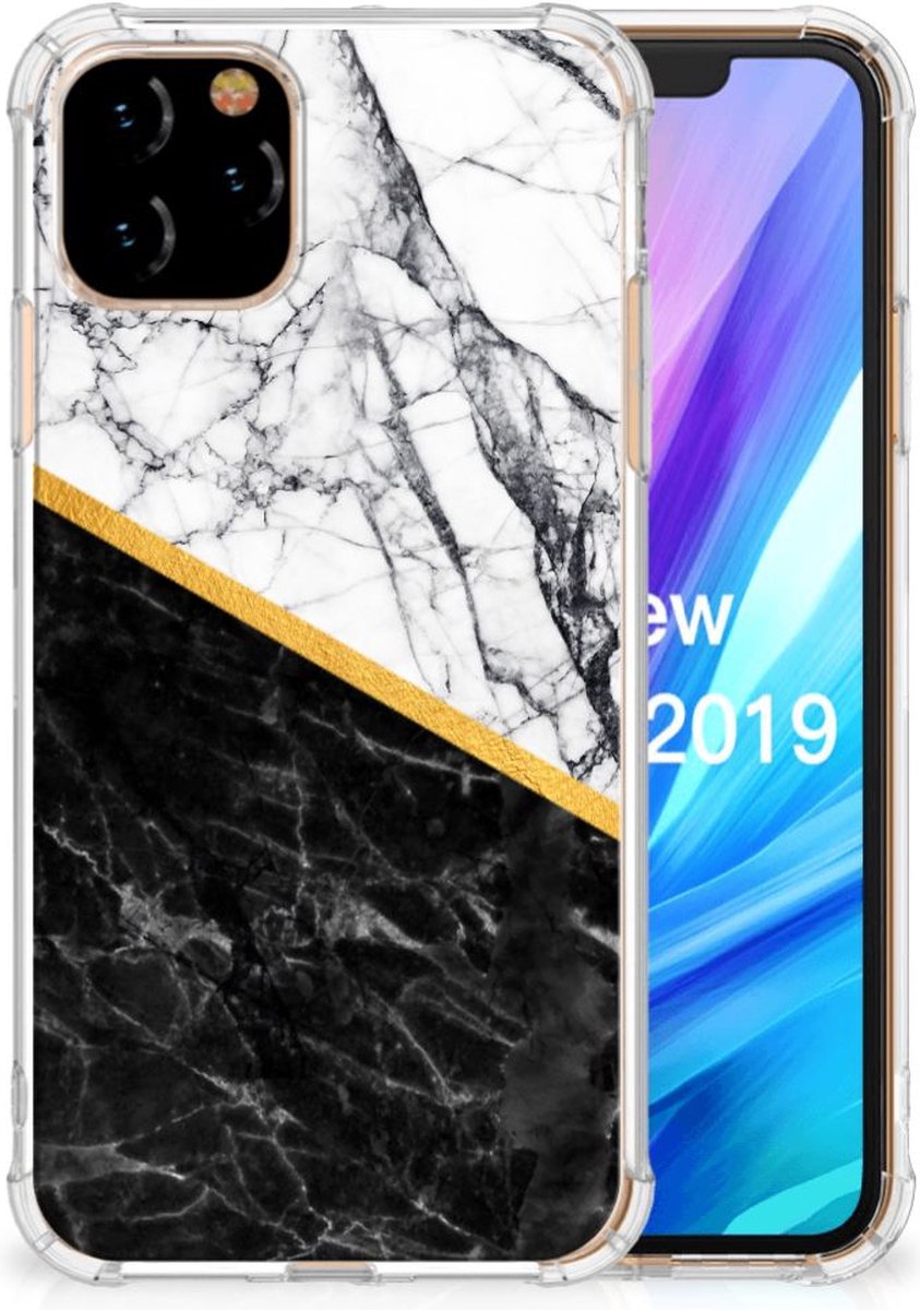 Apple iPhone 11 Pro Anti-Shock Hoesje Marmer Wit Zwart - Origineel Cadeau Man