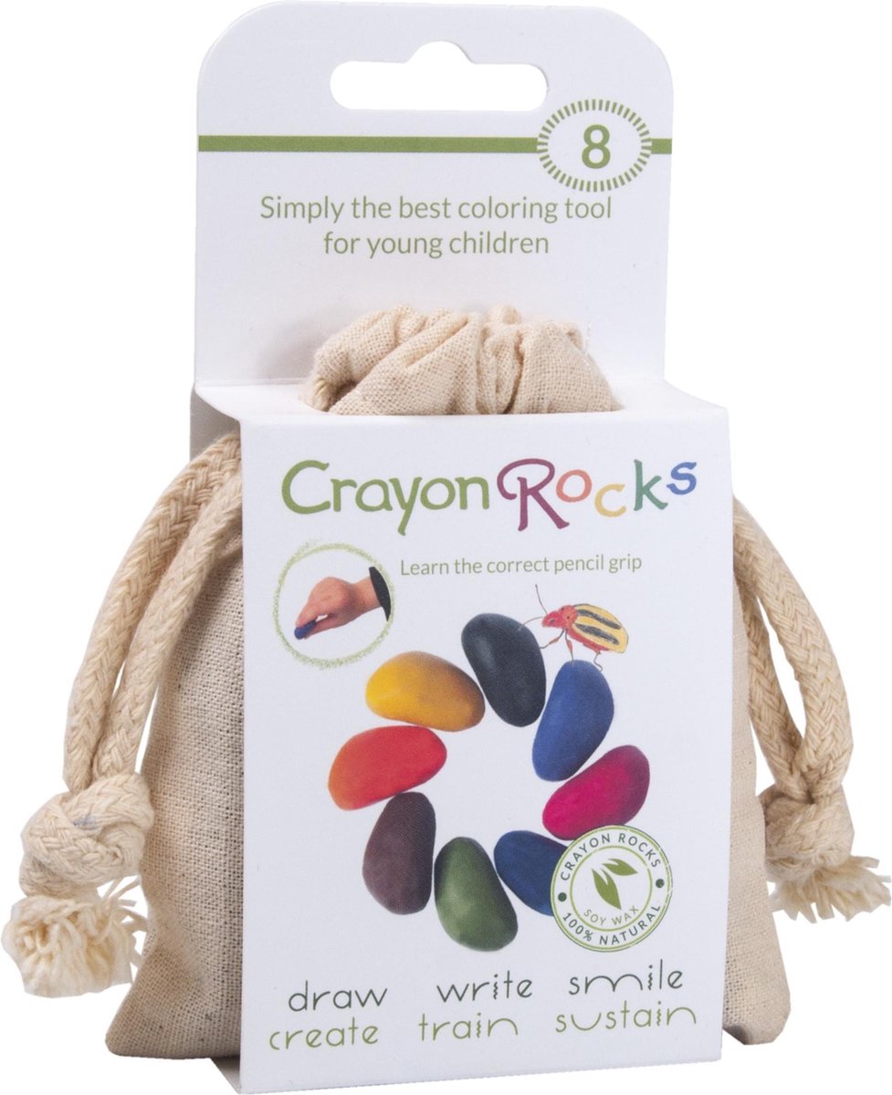 Crayon Rocks -8 kleuren in een katoenen zakje - ecologische niet giftige waskrijtjes, pengreep stim