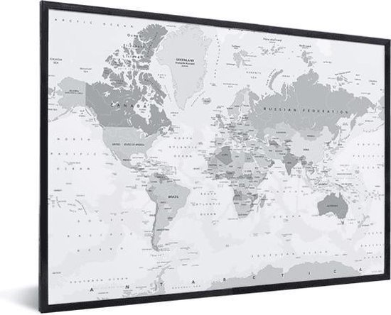 Wereldkaart Grijs - in lijst zwart 40x30 cm - bol.com