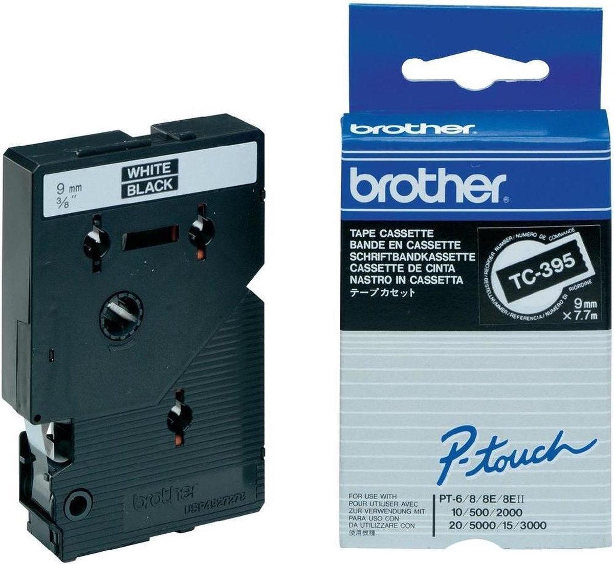 Brother TC labeltape Wit op zwart, TC-395, 9 mm