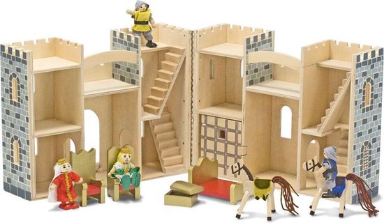 Thumbnail van een extra afbeelding van het spel Melissa & Doug Houten draagbaar en uitklapbaar kasteel met houten poppen en paarden (12-delig)