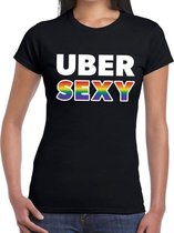 Uber sexy regenboog gaypride shirt zwart voor dames XL