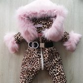 maat 56 Skipak baby wagenpak sneeuwpak Panterprint pak kind met roze bontkraag Imitatiebont panter dierenprint winterpak