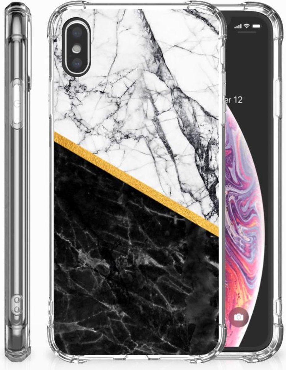 Apple iPhone Xs Max Anti-Shock Hoesje Marmer Wit Zwart - Origineel Cadeau Man