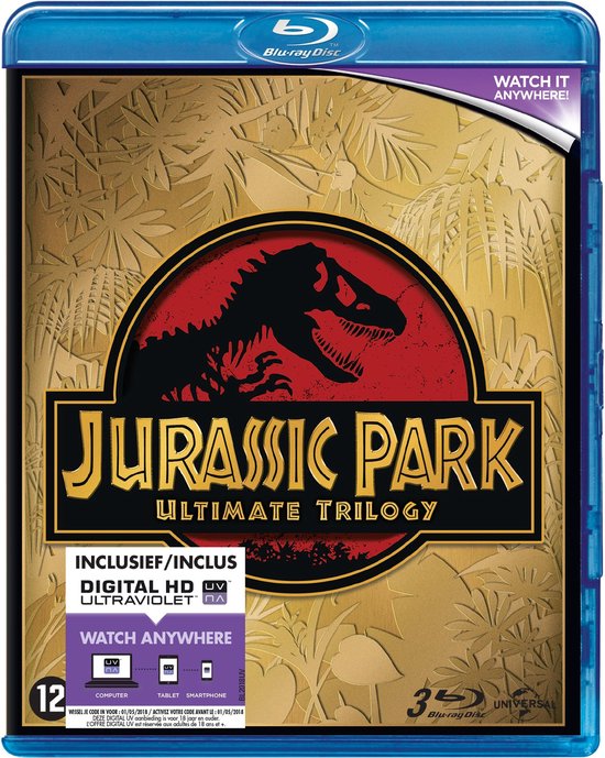 Jurassic Park Ultimate Trilogy Blu-ray hoes met gouden, jungle-achtig patroon. Een rode cirkel met de iconische T-Rex silhouette en 'Jurassic Park' logo.