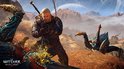 Geralt houdt zijn zwaard vast in een woestijnlandschap, vechtend tegen grote insectachtige monsters.