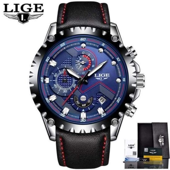 LIGE Casual DTS9821 - Horloge - RVS - Ø 42 mm Leer Blauw | bol.com