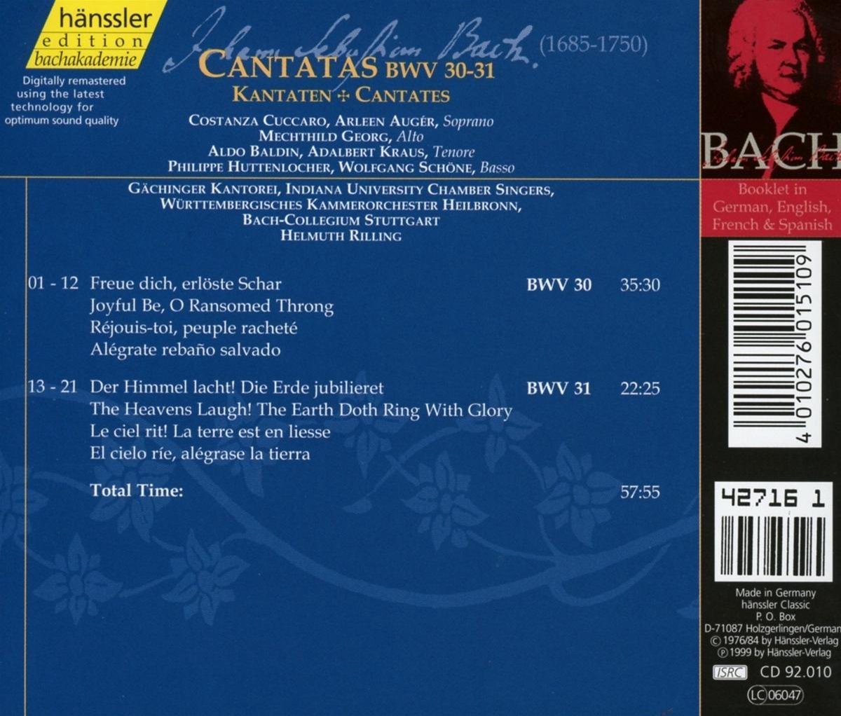 Rilling　Bach:　Bwv　31　Cuccaro　Bach-Ensemble,　30,　Helmuth　Cantatas　(CD),　Muziek