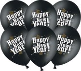 6 zwarte latex Happy New Year ballonnen - Feestdecoratievoorwerp