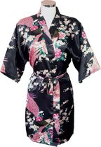 TA-HWA - Dames Kimono Kort - met Pauw Motief - Zwart - One Size