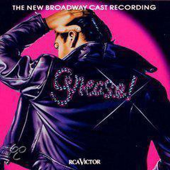 De hoes van de "Grease" soundtrack met een man in een paarse jas met "Grease!" erop.