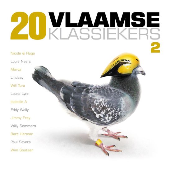 Een duif met een gele helm waarop 'FLANDRIEN' staat, met de titel '20 Vlaamse Klassiekers 2' en een lijst met artiesten.