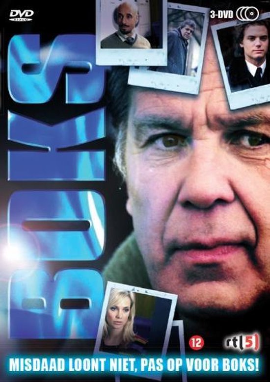 DVD hoes met titel BOKS en vier polaroidfoto's van acteurs. Ondertitel: MISDAAD LOONT NIET, PAS OP VOOR BOKS!